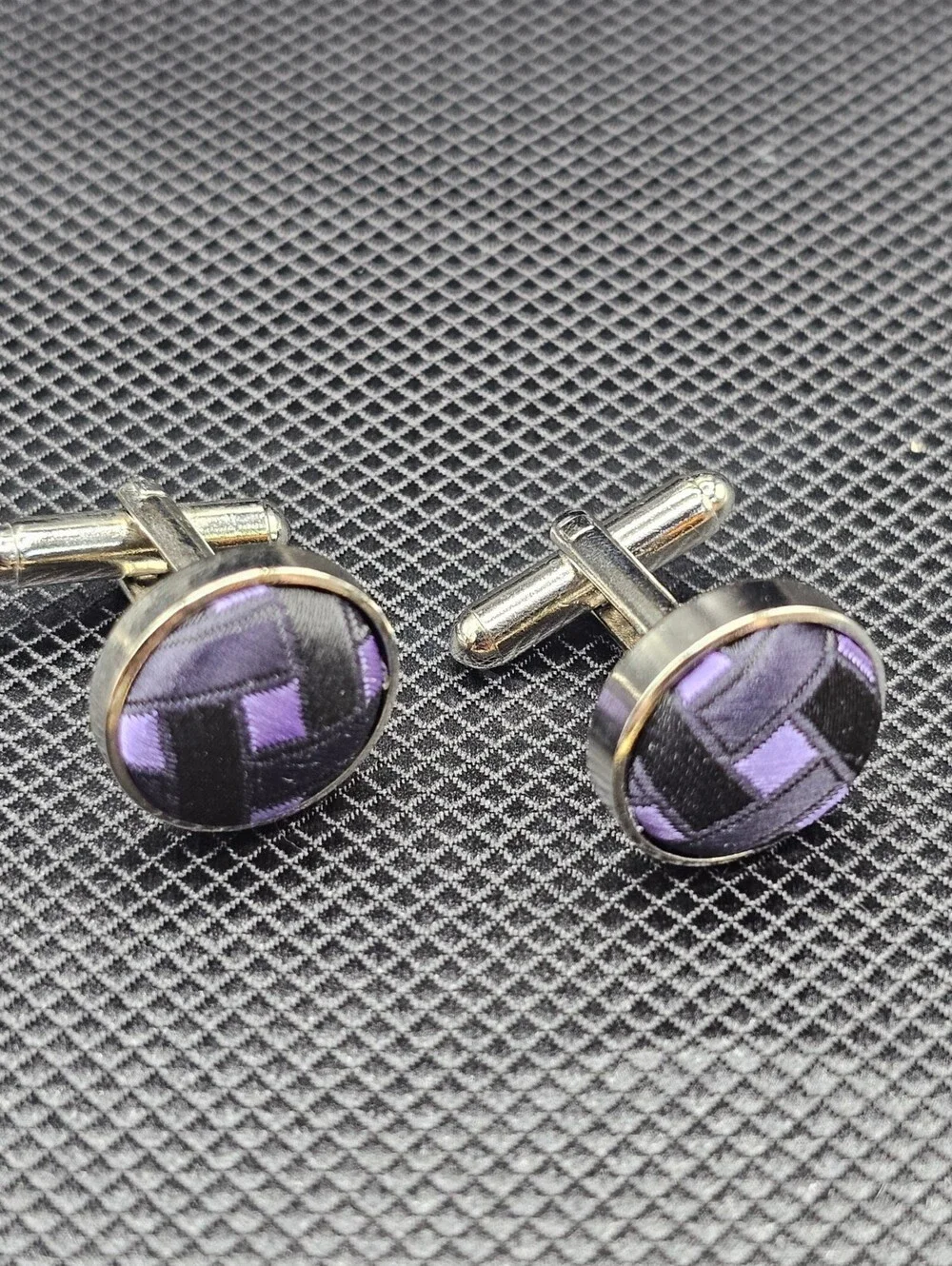 Silver Tone Cufflinks with Purple and Black Fabric Inlay